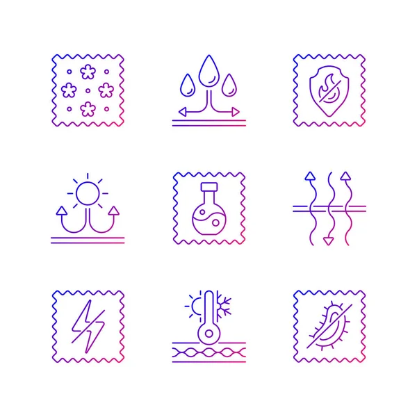 Kumaş gradyan doğrusal vektör simgelerinin farklı türleri belirlendi. Tekstil baskısı. Sentetik, antimikrobik lif. İnce çizgili sembol demetleri. İzole vektör ana hatları illüstrasyon koleksiyonu