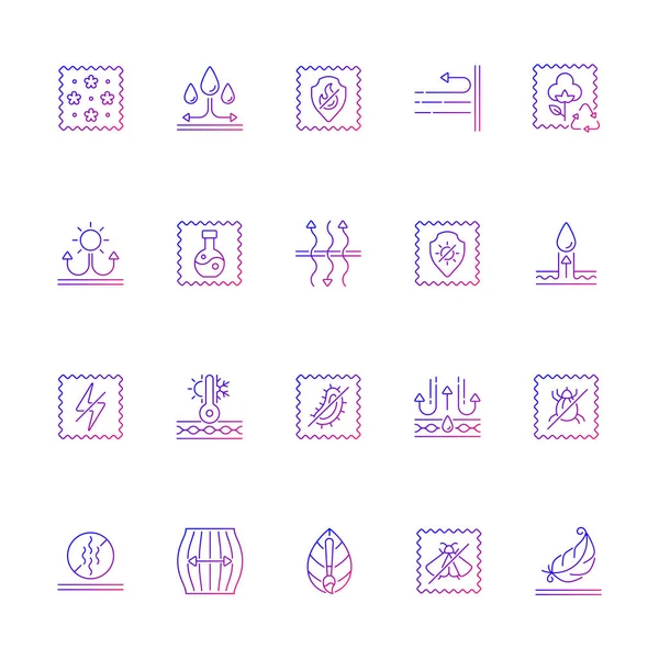 Kumaş özelliklerinin farklı tipleri doğrusal vektör simgeleri ayarlandı. Fiber özellikleri. Kıyafet özellikleri. İnce çizgili sembol demetleri. İzole vektör ana hatları illüstrasyon koleksiyonu