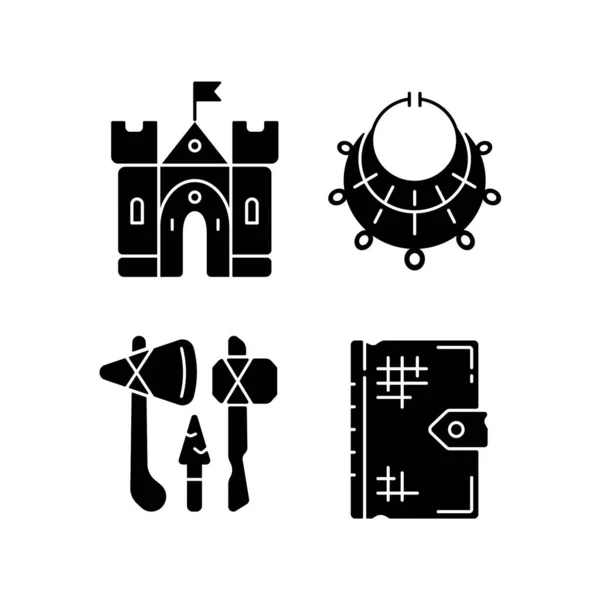 Antiquities Excavation Black Glyph Icons Set White Space Medieval Castle — Stock Vector