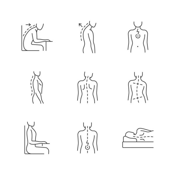 Conjunto Iconos Lineales Problemas Espalda Postura Posición Agachada Escritorio Curvatura — Archivo Imágenes Vectoriales