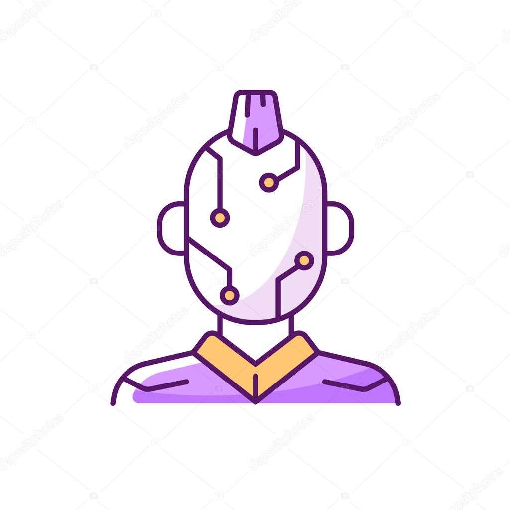 Face microcircuit RGB color icon. High tech body augmentation. Fututristic android from cyberpunk movie, robot from sci fi game. Futuristic technology. Isolated vector illustration