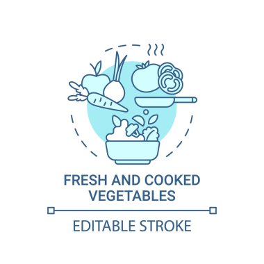 Taze ve pişmiş sebze konsepti. Doğal yetişmiş yiyecekler. Okul yemeği sırasında vejetaryen atıştırmalıklar ince çizgi çizimi fikri. Vektör izole edilmiş RGB renk çizimi. Düzenlenebilir vuruş