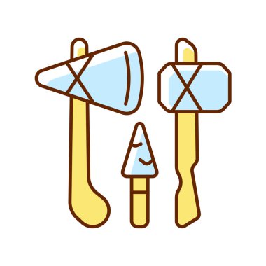 Taş Devri silahları RGB renk simgesi. El baltaları, kazıyıcılar. Avlanmak, et kesmek. Mızraklar ve oklar. Çekiç taşları. Hayvan postlarını temizliyorum. Evrimde önemli bir adım. İzole vektör illüstrasyonu