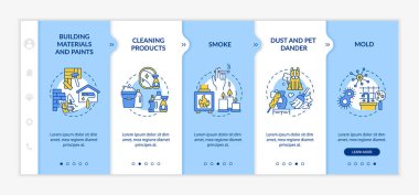 Ev havası kirliliği vektör şablonunda. Simgeli ilgili mobil web sitesi. Web sayfasında 5 basamaklı ekranlar. Temizlik ürünleri, doğrusal çizimlerle toz rengi kavramı