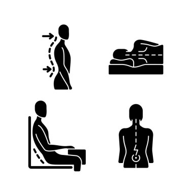 Beyaz uzaya dizilmiş şekil bozukluğu siyah sembol simgeleri. Lumbar lordosis. Yan yatmış yatma pozisyonu. Yanlış oturma açısı. Kas spazmları. Siluet sembolleri. Vektör izole illüstrasyonu