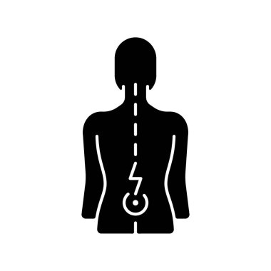 Sırt ağrısı siyah kabartma simgesi. Yaşla ilgili giysiler. Fiziksel yetersizlik. Parçalanmış, diski şişmiş. Bağlayıcı dokuda hasar. Beyaz uzayda siluet sembolü. Vektör izole illüstrasyonu