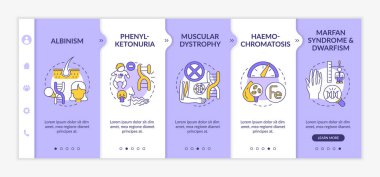 Vektör şablonunda farklı genetik bozukluklar var. Simgeli ilgili mobil web sitesi. Web sayfasında 5 basamaklı ekranlar. Doğrusal çizimlerle sağlık hizmeti renk kavramı