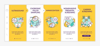 Genetik hastalıklar vektör şablonunda test ediliyor. Simgeli ilgili mobil web sitesi. Web sayfasında 5 basamaklı ekranlar. Doğrusal çizimlerle sağlık incelemesi renk kavramı