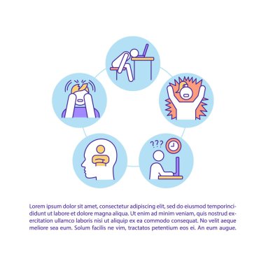 Yazılı yanık belirtileri konsept çizgisi simgeleri. Kopya uzayı ile PPT sayfa vektör şablonu. Broşür, dergi, gazete tasarımı. Beyazlar üzerinde özdenetim psikolojik problemleri doğrusal çizimler