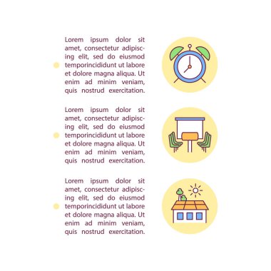 Metinli zaman yönetimi konsepti simgeleri. Kopya uzayı ile PPT sayfa vektör şablonu. Broşür, dergi, gazete tasarımı. Çalışma hayatı beyaz üzerinde doğrusal illüstrasyonları dengeler