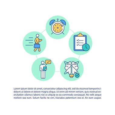 Metinli özyönetim konsepti simgeleri. Kopya uzayı ile PPT sayfa vektör şablonu. Broşür, dergi, gazete tasarımı. Beyazın kişisel büyüme doğrusal çizimleri