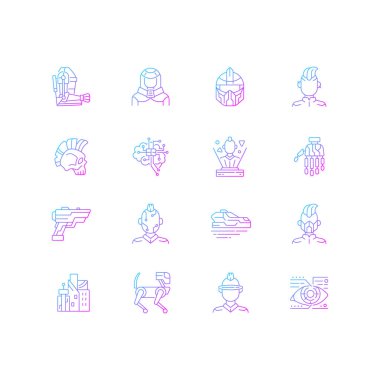 Siberpunk gradyan doğrusal vektör simgeleri ayarlandı. Bilim kurgu. Fütürist teknoloji. Siber punk şehri, insan. İnce çizgili sembol demetleri. İzole vektör ana hatları illüstrasyon koleksiyonu