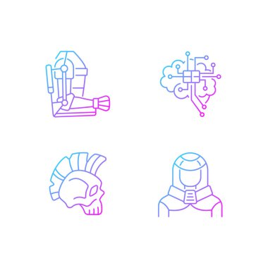 Siberpunk artırma gradyan doğrusal vektör simgeleri ayarlandı. Yenilikçi dış iskelet. Beyin mikro devresi. İnce çizgili sembol demetleri. İzole vektör ana hatları illüstrasyon koleksiyonu