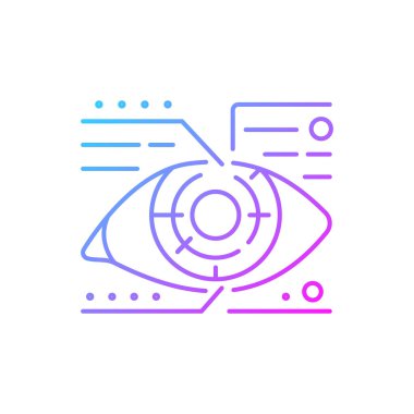 Mikro devre gradyan doğrusal vektör simgesi. Detaylı bilgili Android göz. Cyberpunk, bilim kurgu. Fütürist teknoloji. İnce çizgi renkli semboller. Modern tarz pictogram. Vektör izole çizimi