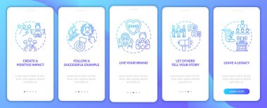 Kişisel markalaşma, mobil uygulama sayfası ekranında konseptlerle mavi ipuçları veriyor. Otorite tanıtımı 5 aşamalı grafik talimatlar. UI, UX, doğrusal renk çizimleri olan GUI vektör şablonu
