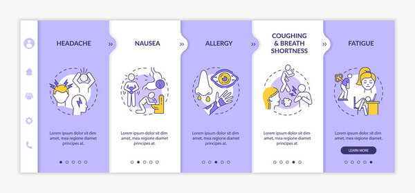 Air contamination disease symptoms onboarding vector template. Responsive mobile website with icons. Web page walkthrough 5 step screens. Migraine, asthma color concept with linear illustrations