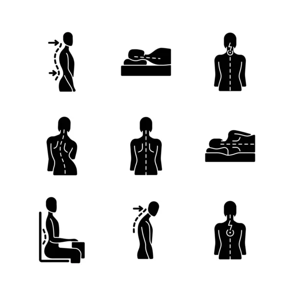 Problèmes Dos Posture Icônes Glyphe Noir Réglées Sur Espace Blanc — Image vectorielle