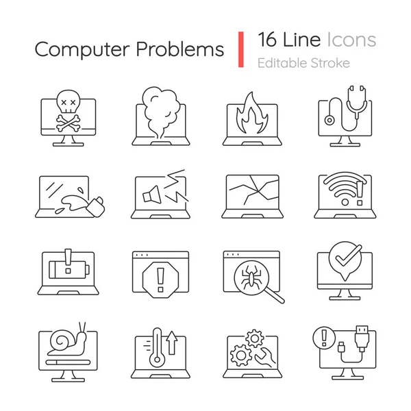 Problemas Computador Conjunto Ícones Lineares Laptop Não Iniciar Erro Tela — Vetor de Stock
