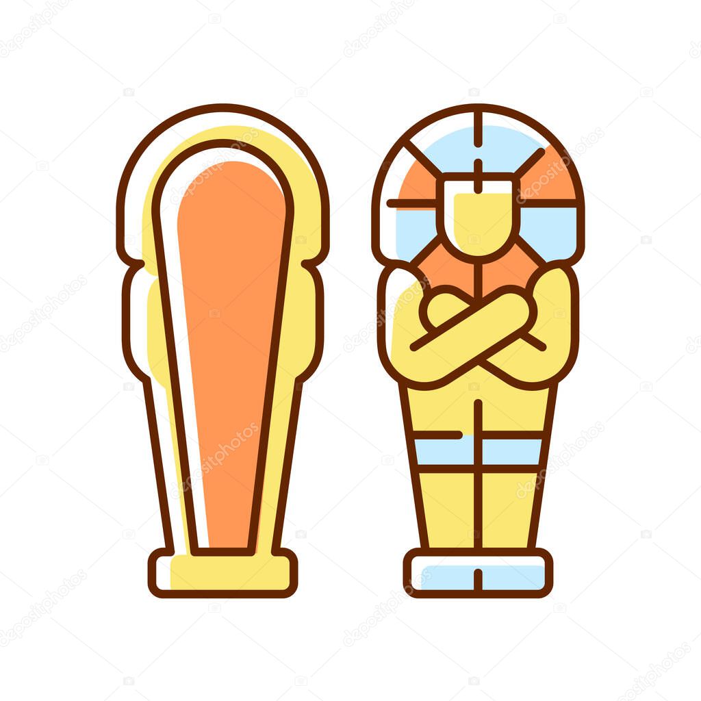 Egyptian sarcophagus RGB color icon. Eternal dwelling for deceased. Coffin inscribed in hieroglyphs. Sarcophagi reserved for kings, royalty. Grave with burial goods. Isolated vector illustration