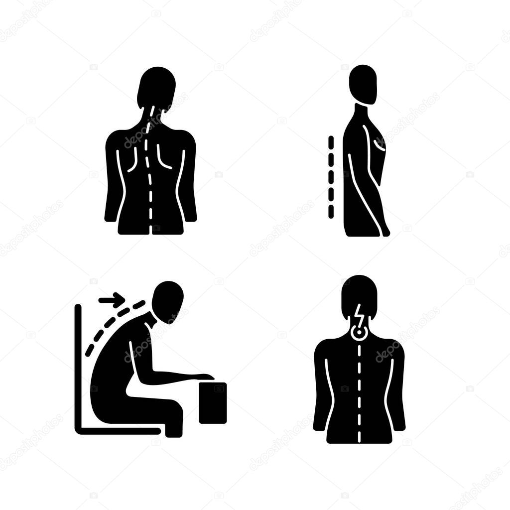 Bad posture problems black glyph icons set on white space. Head tilt. Flatback syndrome. Slouching. Neck pain. Losing normal curvature. Silhouette symbols. Vector isolated illustration