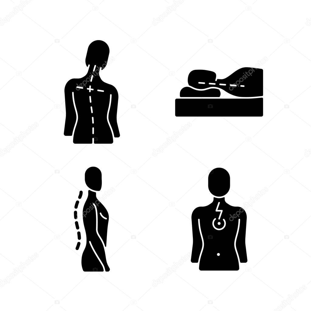 Postural dysfunction black glyph icons set on white space. Head tilt. Incorrect sleeping position. Normal spinal anatomy. Chest pain. Muscle weakness. Silhouette symbols. Vector isolated illustration