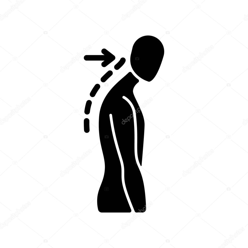 Slouching black glyph icon. Poor posture. Forward head. Body looking down. Walking incorrectly. Muscles in neck, shoulders disruption. Silhouette symbol on white space. Vector isolated illustration