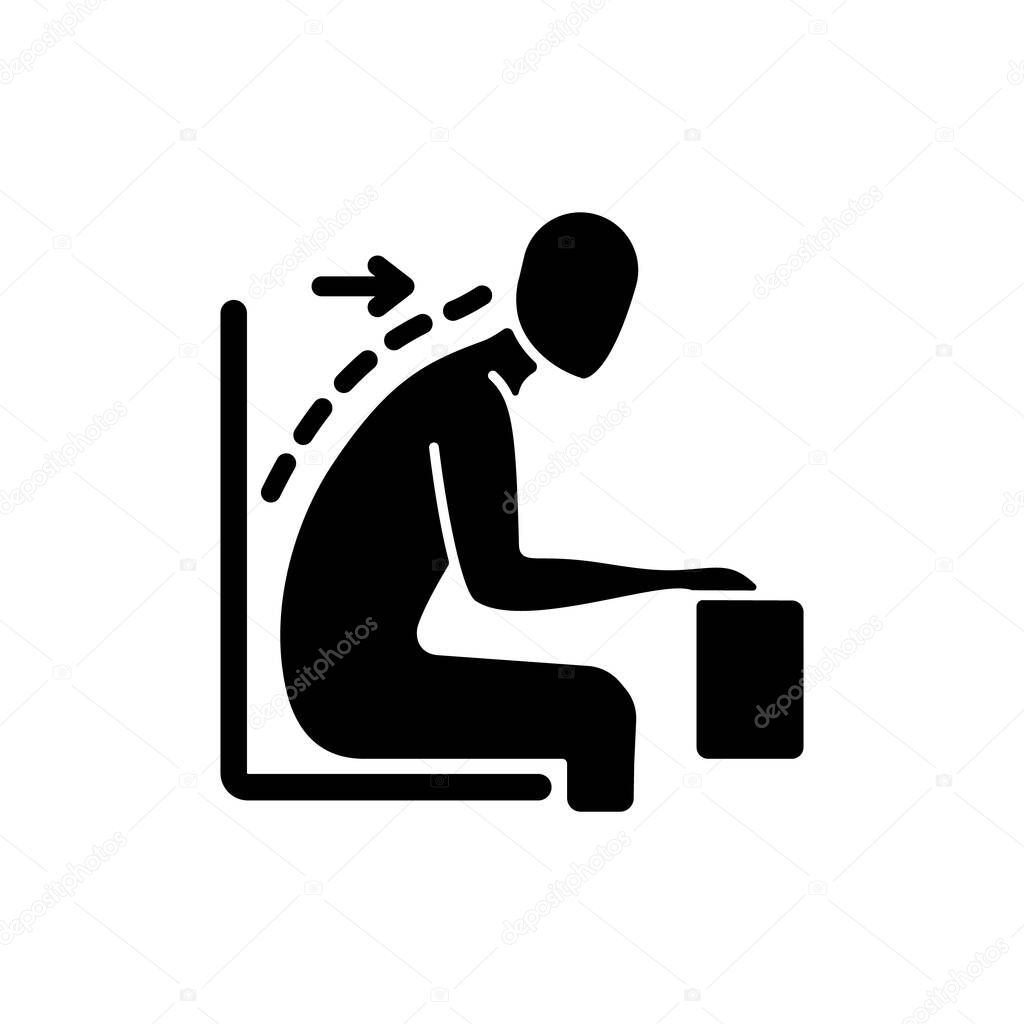 Forward tilted sitting position black glyph icon. Rounded shoulders and hunched stance. Slouched position at desk. Unsupported posture. Silhouette symbol on white space. Vector isolated illustration