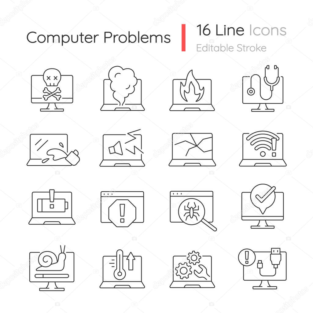 Computer problems linear icons set. Laptop not starting, screen error. System failure. Hardware crash. Customizable thin line contour symbols. Isolated vector outline illustrations. Editable stroke