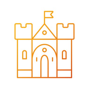 Ortaçağ kalesi gradyan doğrusal vektör ikonu. Tarihi bir bina. Kale, saray. Kalacak yer ve takviye. İnce çizgi renkli semboller. Modern tarz pictogram. Vektör izole çizimi