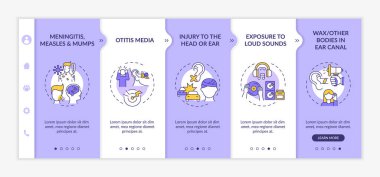 Alınan işitme kaybı faktörleri vektör şablonunda. Simgeli ilgili mobil web sitesi. Web sayfasında 5 basamaklı ekranlar. Kabakulak, kızamık, doğrusal çizimlerle kulak kiri rengi kavramı