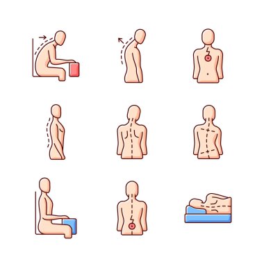Sırt ve duruş sorunları RGB renk simgeleri ayarlandı. Masada berbat bir pozisyon. Sırt üstü, kambur. Omurga doğal eğriliği. Kalçalar ve omuzlar açılmamış. Sırt ağrısı. İzole vektör çizimleri