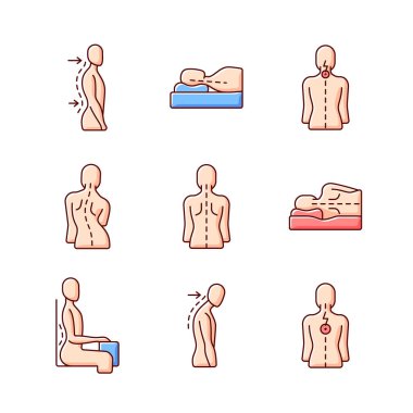 Sırt ve duruş sorunları RGB renk simgeleri ayarlandı. Lumbar lordosis. Uyuma pozisyonu yanlış. Boyun ağrısı. Yan viraj. Omurga doğal eğriliği. Dik oturuyorsun. İzole vektör çizimleri