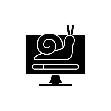 Yavaş bilgisayar siyah simge simgesi. Yüklemeyi bekliyoruz. Ağ bağlantısı, internet trafiği sorunu. Yavaş indirme ve işleme. Beyaz uzayda siluet sembolü. Vektör izole illüstrasyonu