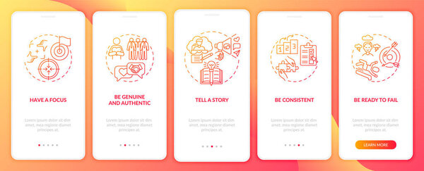Правила персонального брендинга оранжевый на экране мобильного приложения с концепциями. Идентичность бренда проходит через 5 шагов графических инструкций. UI, UX, GUI векторные шаблоны с линейными цветными иллюстрациями