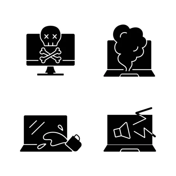 Broken Laptop Black Glyph Icons Set White Space Water Damage — Stock Vector