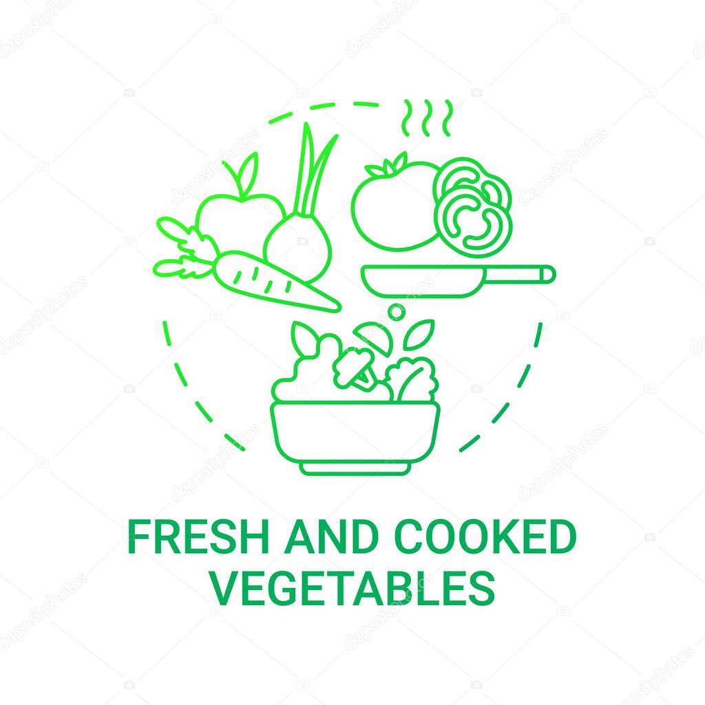 Fresh and cooked vegetables concept icon. Healthy school meal components. Natural foods. Vegetarian meals during school lunch idea thin line illustration. Vector isolated outline RGB color drawing