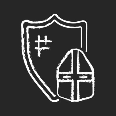 Siyah arka planda beyaz tebeşirli şövalye ikonu. Ortaçağ şövalye kıyafeti. Orta çağ. Miğfer, kalkan. Düello. Plaka zırhı. Koruyucu etki arttırılıyor. İzole edilmiş vektör karatahta çizimi