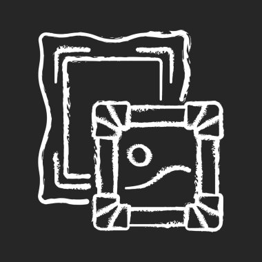 Resimler siyah arkaplanda beyaz tebeşir simgesi. Portreler, manzara. Müze koleksiyonları. Günlük hayat tasvirlerinden sahneler. Sanatsal tarzda. Çizimler. İzole edilmiş vektör karatahta çizimi