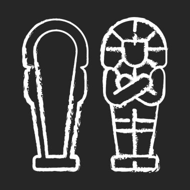 Mısır lahiti siyah arkaplanda beyaz tebeşir simgesi. Merhumun ebedi konutu. Tabut hiyerogliflere kazınmış. Gömme eşyalarıyla birlikte mezar. İzole edilmiş vektör karatahta çizimi