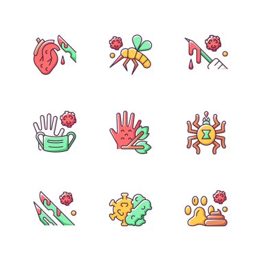 Biyolojik zararlı atık RGB renk simgeleri ayarlandı. Virüsler biyolojik riskleri yayıyor. Zehirli tıbbi malzeme atığı. Hayvan kaynaklı hastalıklar ve hastalıklar. İzole vektör çizimleri