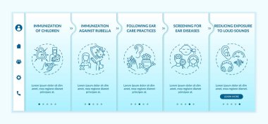 İşitme kaybı önleyici tedbirler vektör şablonunda. Simgeli ilgili mobil web sitesi. Web sayfasında 5 basamaklı ekranlar. Doğrusal çizimlerle hastalıkların taranması renk kavramı