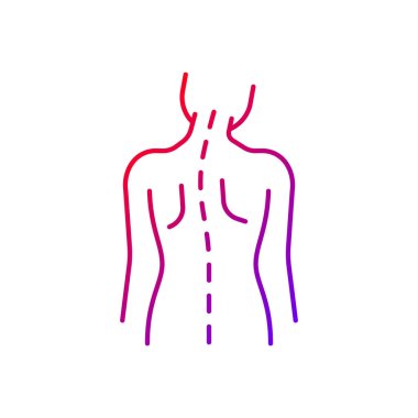 Omurga anormallikleri doğrusal vektör ikonu. Başını eğ. Torasik skolyoz. Kas zayıflığı. Radiküler ağrı. İnce çizgi renkli semboller. Modern tarz pictogram. Vektör izole çizimi