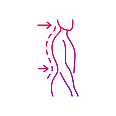 Lumbar lordosis gradyan doğrusal vektör simgesi. Aşırı iç omurga eğrisi. Eyer sırtında. Koordinasyon sorunu. İnce çizgi renkli semboller. Modern tarz pictogram. Vektör izole çizimi