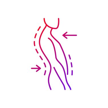 Swayback duruş gradyan doğrusal vektör simgesi. Omurga eğriliği bozukluğu. Kötü duruş. Duruş deformasyonu. İnce çizgi renkli semboller. Modern tarz pictogram. Vektör izole çizimi
