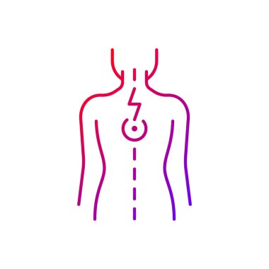 Omurilik sinirleri gradyan doğrusal vektör ikonu üzerine baskı. Kas spazmları. Kürek kemikleri arasında ağrı. Uyuşukluk. İnce çizgi renkli semboller. Modern tarz pictogram. Vektör izole çizimi