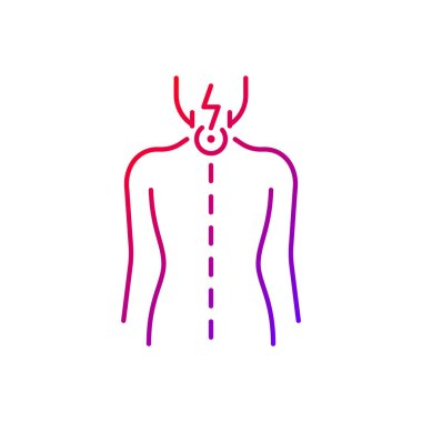 Boyun ağrısı gradyanı doğrusal vektör simgesi. Sinir kökü sıkışması. Rahim ağzı iltihabı. Omurilik sinirlerine baskı. İnce çizgi renkli semboller. Modern tarz pictogram. Vektör izole çizimi