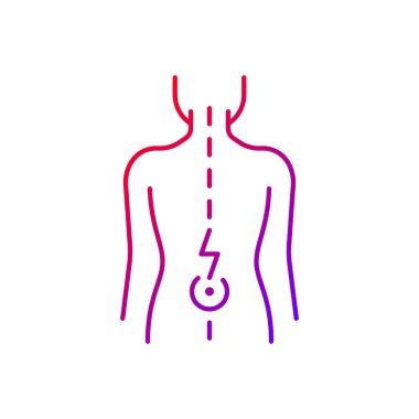 Sırt ağrısı gradyan doğrusal vektör simgesi. Yaşla ilgili giysiler. Fiziksel yetersizlik. Parçalanmış, diski şişmiş. İnce çizgi renkli semboller. Modern tarz pictogram. Vektör izole çizimi