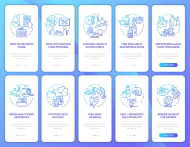 Okul yemeği mobil uygulama sayfası ekranında konseptlerle. Lezzetli kafeterya yemekleri. 5 adımlık grafik talimatlar. UI, UX, doğrusal renk çizimleri olan GUI vektör şablonu
