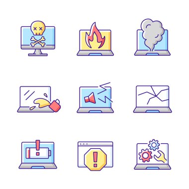 Bilgisayar hasarlı RGB renk simgeleri ayarlandı. Defter yakılıyor. klavyeden duman çıkıyor. Bozuk monitör ekranı. Çatlak ekran. Dizüstü bilgisayar sorunları. Teknik destek, tamir servisi. İzole vektör çizimleri