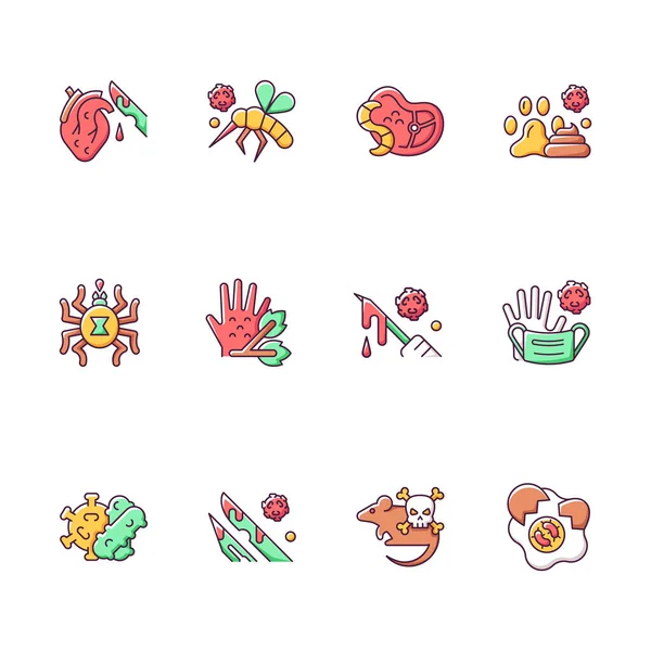 Biyolojik tehlike RGB renk simgeleri ayarlandı. İnsan kanı taşıyan böcekler. Tehlikeli bir virüs yayılıyor. İnsan vücudunun atık parçaları. Sağlık hizmetleri. İzole vektör çizimleri